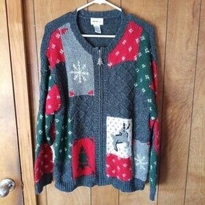VTG Parisian Works Christmas Patchwork Sweater Size L Zip Front Holiday Cardigan